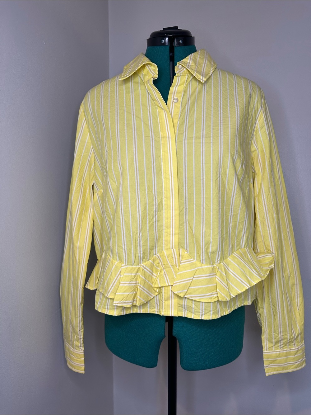 CAbi Yellow and White Striped Ruffle-Hem Button-Down Shirt